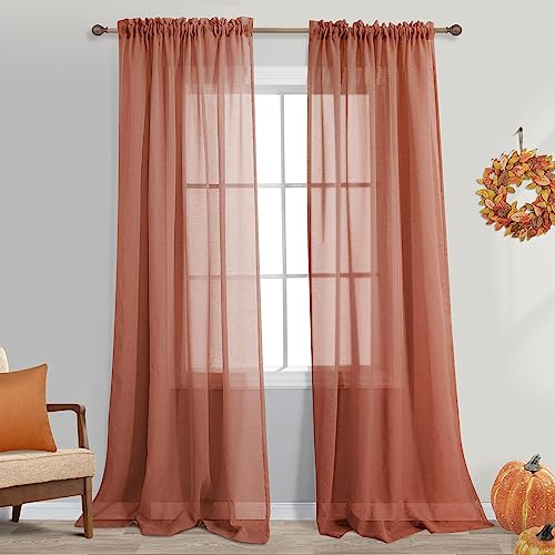 KOUFALL Burnt Orange Curtain Panels for Living Room Semi Sheer Boho Window Curtains for Bohemian Decorations Bedroom Decor 52x96 Inches Long Rust Brick Terracotta
