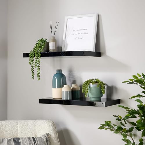 Home Source Pair of 2 Floating Wall Mounted Storage Shelf Wooden DVD Book Shelves, Black Gloss, 60 cm