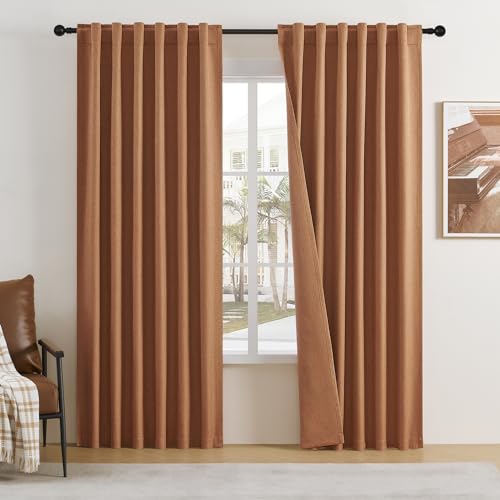 DUALIFE Full Blackout Curtains for Bedroom Living Room 90 inches Long- 2 Panels Set Room Darkening Black Out Linen Textured Curtains for Bedroom Windows,Back Tab Rod Pocket(52x90 Inch,Burnt Orange)