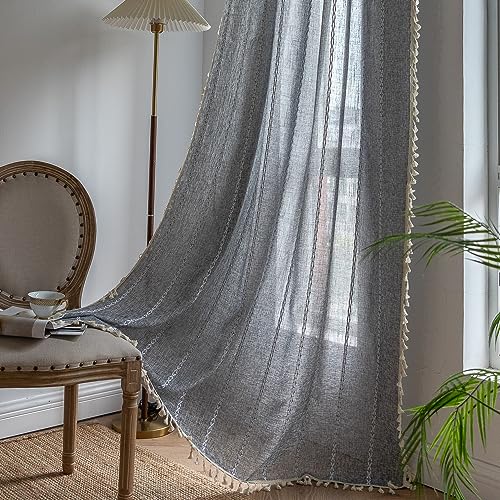"Sutuo Home Boho Curtain for Bedroom Living Room Kitchen, Semi Blackout Linen Farmhouse Shabby Chic Tassels Window Treatment Bohemian Embroidery Drape, Rod Pocket 1 Panel 52"" W x 84"" L, Black Grey"