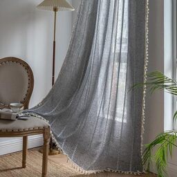 "Sutuo Home Boho Curtain for Bedroom Living Room Kitchen, Semi Blackout Linen Farmhouse Shabby Chic Tassels Window Treatment Bohemian Embroidery Drape, Rod Pocket 1 Panel 52"" W x 84"" L, Black Grey"