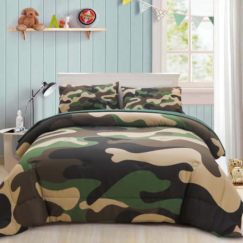 Holawakaka Full Size Camouflage Bedding Comforter Set with Sheets,Boys Girls Men Camo Bed in A Bag 5 Pieces,Kids Teens Dorm Bed Sets Neutral Farmhouse Lodge Cabin Army Bedspread (Amy Green, Full)