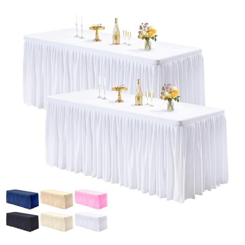 PARTISKY 2 Pack White Tablecloths for Rectangle Tables 4ft, Wrinkle Resistant White Table Cover Fitted Stretch Table Cloth with Pleated Ruffle Skirts for Party Banquet Dining Birthday Wedding