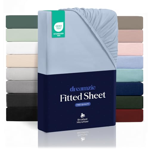 Dreamzie Fitted Sheet 90 x 190 cm for Thick Mattresses up to 33 cm – 100% Polyester Microfibre – Blue Certified Chemical Free (Oeko Tex), Fitted Sheet with Full Elastic