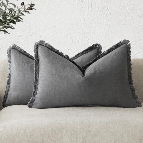 Foindtower Set of 2 Decorative Linen Fringe Lumbar Throw Pillow Covers Boho Farmhouse Cushion Cover with Tassels Soft Accent Pillowcase for Couch Sofa Bed Living Room Home Decor,12??20 Inch,Gray