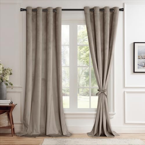 JIUZHEN Velvet Blcakout Curtains for Bedroom - 84 inches Thermal Insualted Room Darkening Grommet Window Drapes for Bedroom/Ofiice/Party, Set of 2 Panels with Tiebacks, 52W x 84L, Taupe