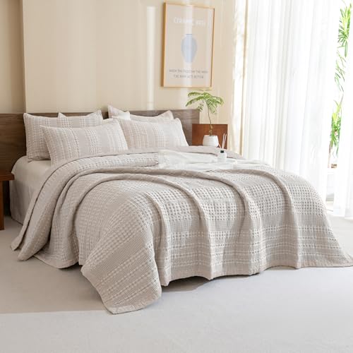 CozyTide Oversized King Bedspread 120x120,Cotton Waffle Oversized King Quilt Bedding Set,Ultra Soft Farmhouse Lightweight Oatmeal Extra Large California King Coverlet 3 Pieces
