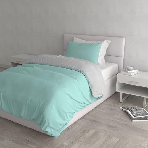 Italian Bed Linen Natural Color Duvet Cover Set with Doubleface Solid Colour Bag Sheet and Pillowcase, Water Green/Light Gray, small double