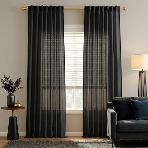 PANELSBURG Black Sheer Linen Curtains 90 Inch Long 2 Panels Set for Bedroom,Back Tab Curtains