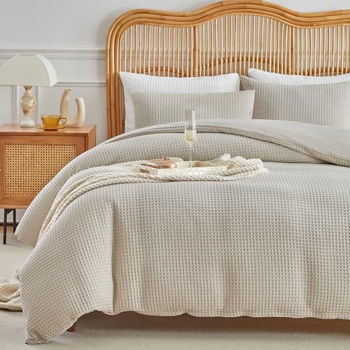 WARMDERN Waffle Weave Khaki Duvet Cover Set Full Size, Textured, 3-Piece - Zipper Closure, 4 Corner Ties, All-Season, Machine Washable, Ultra Soft, Breathable, Lightweight Bedding Set, Bedroom