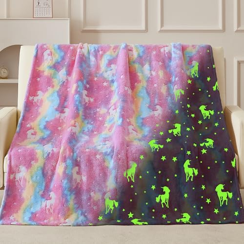 "QSTEHEML Glow in The Dark Unicorn Throw Blanket for Boys Girls, Luminous Rainbow Blanket Birthday for Toddler Kids, Cozy Soft Fluffy Flannel Fleece Nap Sleep Blankets, 50"" x 60"""