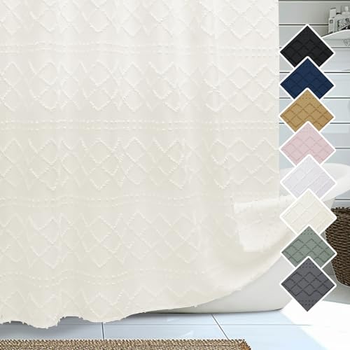 Lecloud Beige Fabric Shower Curtain 72 x 78 Inches, Boho Farmhouse Minimalist Jacquard Plaid Striped Tufted Textured Bathroom Shower Curtain Set for Hotel