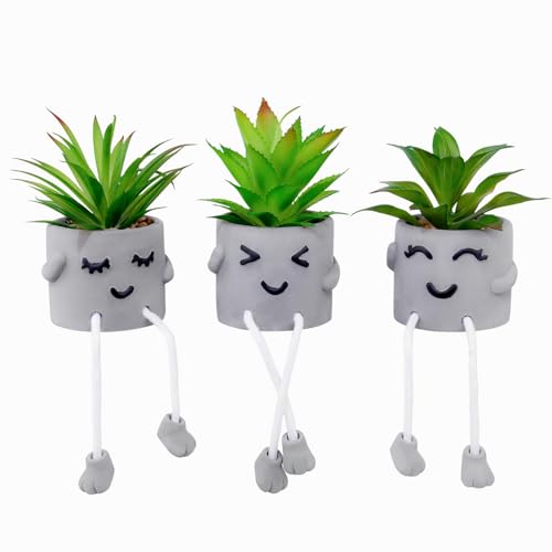 LUZOGA Creative Artificial Succulent Plants with Gray Pots Mini Potted Succulents Cute Fake Plants Succulents with Hanging Leg & Emotional Cement for Home Office Desk Decor and Gift Choice
