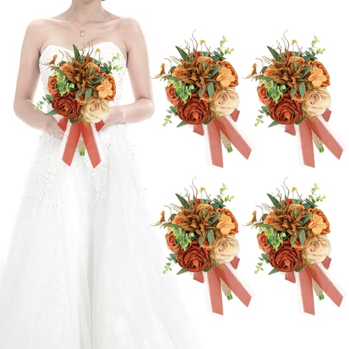 HOMENERGY Set of 4 Bridesmaid Bouquets for Wedding - 9 Inch Artificial Flowers Bouquets for Ceremony Anniversary Centerpieces Decorations - Terracotta