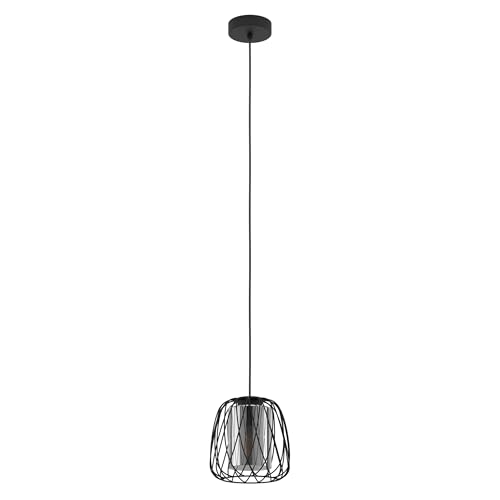 Eglo Pendant Lighting Floresta, Ceiling Light Fitting Made of Black Metal and Smoked Glass, Hanging lamp for Dining and Living Room, E27 Socket