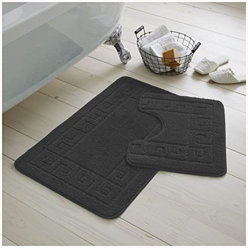 GC GAVENO CAVAILIA 2 Piece Washable Bathroom Mat, Extra Absorbent Anti Slip Bath Mats, Super Soft Toilet Rugs Set, Charcoal, Regular (50x80, 50x40 cm)