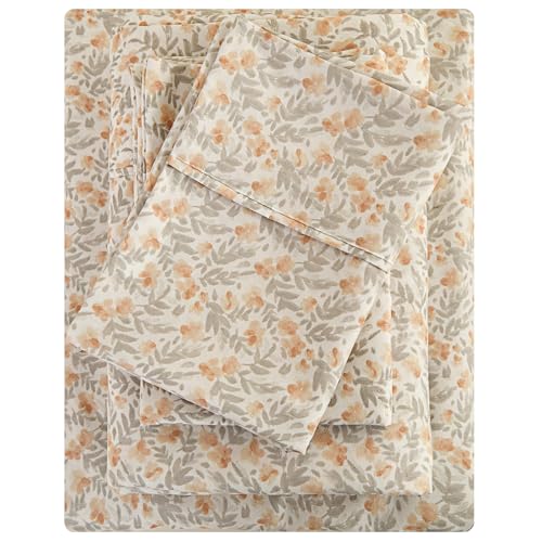 Viviland Floral Twin Sheet Set - 3 Piece Vintage Light Orange Flower Patterned Bed Sheets - Soft, Breathable Microfiber Sheets with Deep Pocket, Non-Slip Fitted Sheets & Pillowcases