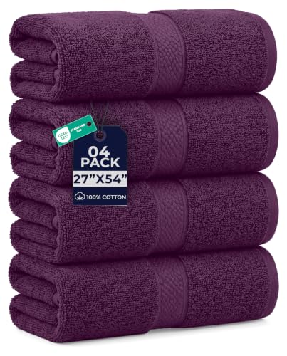 DAN RIVER Large Bath Towels Set of 4, 27 x 54 Inches, 600 GSM Larger & Lighter Weight Towels for Bathroom - Highly Absorbent & Quick Dry 100% Cotton Bath Towel Set for Home, Spa, Hotel - PurplePassion
