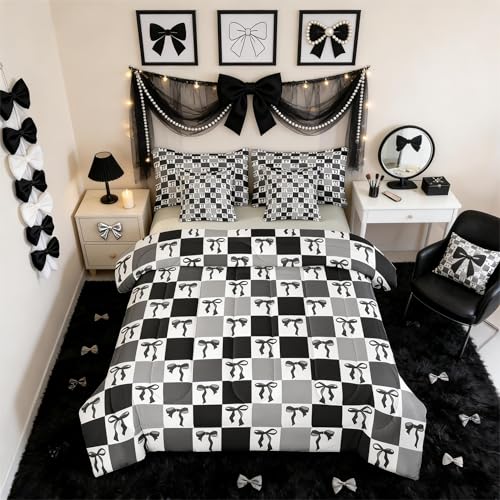 Erosebridal Bowknot 7 Piece Bedding Set Full Grid Comforter Set with Sheets Cute Girly Geometric Plaid Check Bed in a Bag Aesthetic Kawaii Ribbon Bow Black for Kids Girls Women