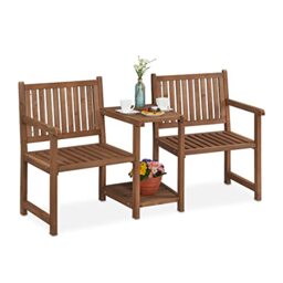 Relaxdays Garden Bench with Integrated Table, 2-Seater, Sturdy Wooden Loveseat, Garden Balcony, HWD: 86x161x61cm, Brown