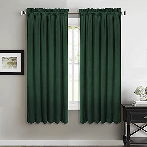 StangH Christmas Dark Green Velvet Curtains - Rod Pocket Short Kitchen Window Curtains 63-inch Length Room Darkening Green Blackout Drapes for Bedroom, W52 x L63, 2 Panels