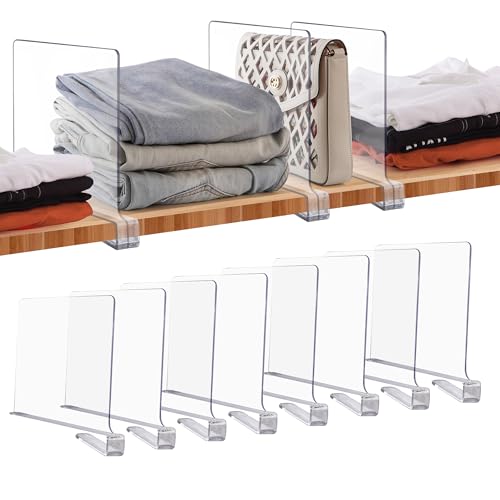 JOY DECOR 8 Pack Acrylic Clear Shelf Dividers for Closets Organization and Storage Adjustable Vertical Wood Shelf Closet Separators for Clothes,Book,Bags in Bedroom and Kitchen