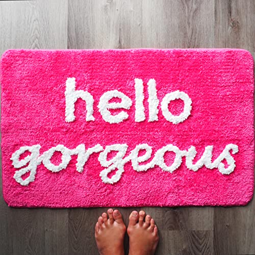 Hello Gorgeous Bath Mat Hot Pink Dark Magenta Fuchsia Blush Peach Coral Cute Beautiful Bathroom Rugs for Girls You Look Good Gorgeous Funny Shower Fun Bathroom Decor Non-Slip Washable Kids Women