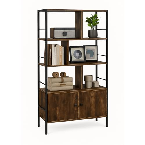 Relaxdays bookshelf, HWD: 154.5 x 74 x 30 cm, 3 open shelves, unit with lower cabinet, industrial, dark brown/black