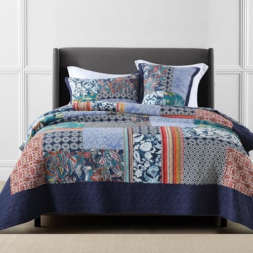 MaiuFun California King Quilt Set, 100% Cotton Oversized Bedspread(120 * 110 Inch), Patchwork with Bohemian Floral Pattern, 3-Piece Lightweight Bedding Coverlet for All Season(1 Quilt + 2 Pillowcases)