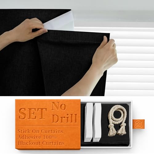 100% Blackout Adhesive Blackout Curtains- Self Stick Shades Window Blinds Curtains No Rod Needed Easy to Hang Curtains, Use for Bedroom, Kitchen, Home Office, W60 x L84 inch, 1 Panel, Black