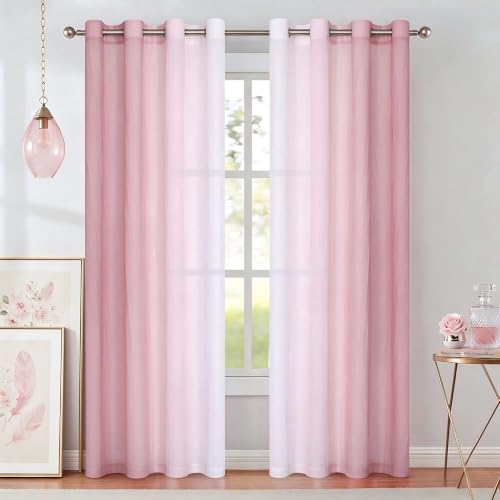 Pink Ombre Chiffon Sheer Curtains 63 Inch Long Girls Bedroom Grommet - Crinkle Semi Sheer Curtain Panels for Living Room, Gradient Light Filtering Window Drapes for Kids Room, All Season, 2 Panels