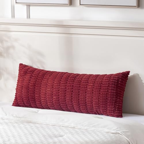Fancy Homi Burgundy Long Body Lumbar Lumbar Decorative Throw Pillow Covers 14x36 Inch for Bed Couch Bedroom Bench, Soft Corduroy Rectangle Solid Pillow Case, Rustic Farmhouse Boho Room Decor