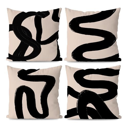 KEUSPI Black and Beige Throw Pillow Covers, Modern Abstract Decorative Couch Pillow Covers for Living Room, Black Throw Pillow Covers for Couch18x18 Set of 4