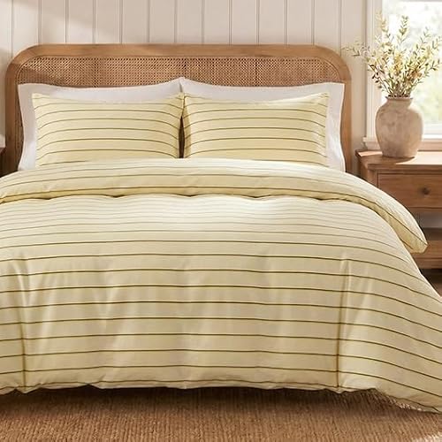 Herside 100% Cotton Double Gauze Striped Duvet Cover Set King Size, Soft Yellow Fine Stripe, Soft Breathable Cotton Bedding Set Farmhouse Cute 3 Piece Quilt Duvet Set for All Season Home Decor