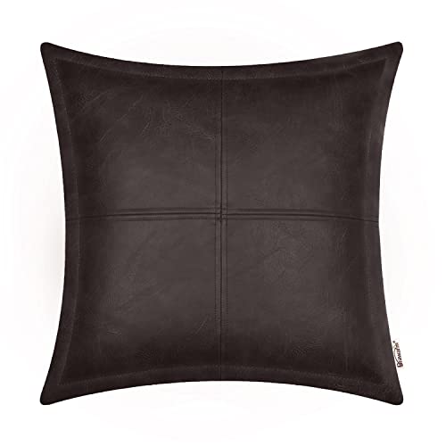 Eaasok BRAWARM Coffee Leather Throw Pillow 18 x 18 Inches, Faux Leather Pillow Cover with Piping, Hand Stitched Leather Decorative Throw Pillow Covers for Sofa Bed Living Room Garden