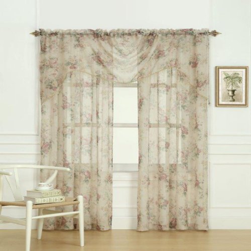 "Laura Ashley Stowe Sheer Curtain with Rod Pocket, Panel Measures 72"" W x 27"" L, Multicolored, 1 Swag"