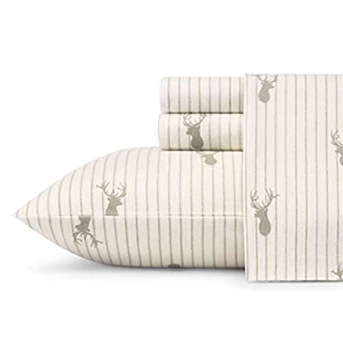 Eddie Bauer - Queen Sheet Set, Warm Breathable Cotton Flannel Bedding with Deep Pockets, Brushed for Extra Softness, Cozy Home Decor, Oeko-Tex Certified (Deer Lodge Beige, Queen)