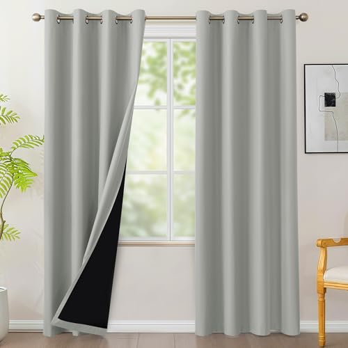 Bonzer 100% Blackout Curtains 84 inches Long - 4 Panels Thermal Insulated Light Blocking Window Drapes, Single Layer Total Room Darkening Curtain with Black Laminated Backing for Bedroom, Silver Grey