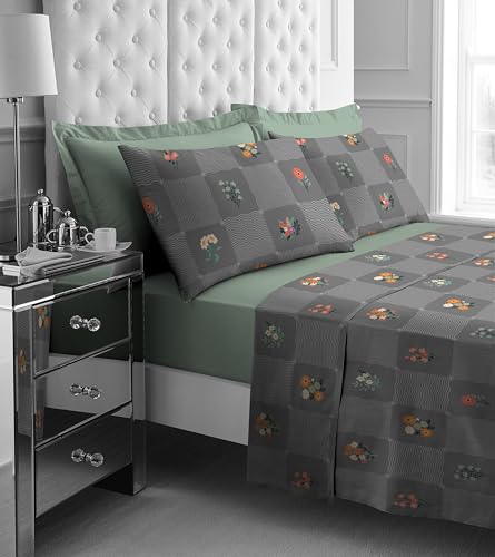 GC GAVENO CAVAILIA Double Bed Sheet Set - 4Piece Printed Bedding Set (Fitted Sheet, Flat Sheet & 2 Pillow Cases) - Warm Thermal Fluffy Bedding - Soft Polyester Fleece Bedding Sheet Set, Charcoal
