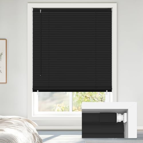 "LazBlinds No Drill Blackout Vinyl Mini Blinds, Black 23""x64"" - No tools needed. Child-safe cordless lift. 100% blackout for total privacy. Durable, easy clean."