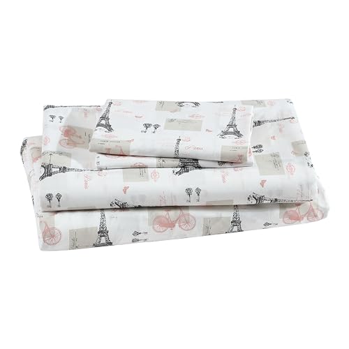 "Beatrice Home Fashions Printed Microfiber Sheet Set, Soft Comfortable Easy Care, Includes 1 Fitted Sheet with 12"" Deep Pockets, 1 Flat Sheet, Pillowcase, King, Paris Postale"