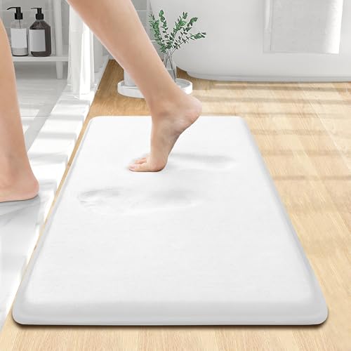 "smiry Memory Foam Bath Mat 24"" x 16"", Extra Soft Absorbent Bathroom Rugs Non Slip Bath Rug Runner for Shower Bathroom Floors, White"