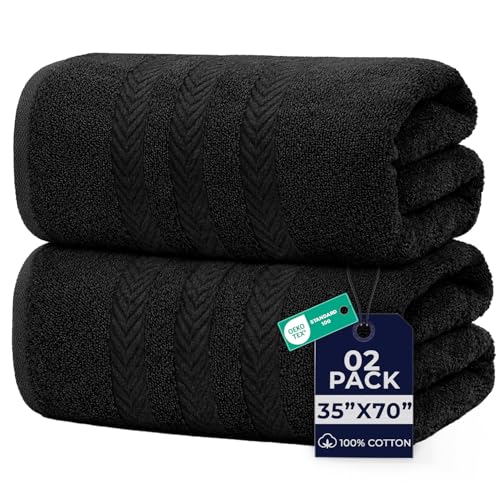 Dan River Luxury Jumbo Bath Sheets 2 Piece – 550 GSM (35x70 Inches) 100% Cotton Highly Absorbent and Quick Dry Bath Towel Set – Super Soft Towels for Bathroom, Hotel, Spa, Black
