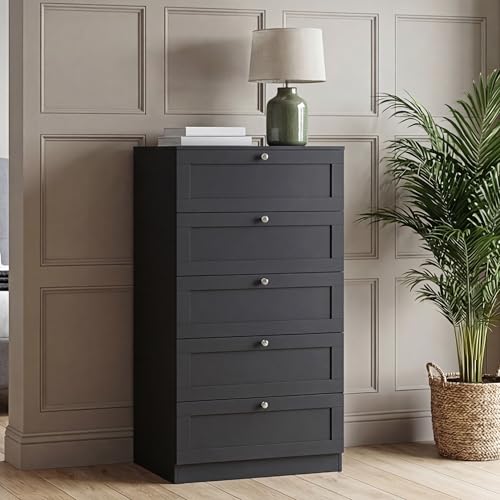 Vida Designs Altino 5 Drawer Chest of Drawers - Black - H 121 x W 65 x D 36 cm - Bedroom Storage Unit - Easy Assembly - Clothes Storage Cabinet - Modern Shaker Style Hallway or Guest Room