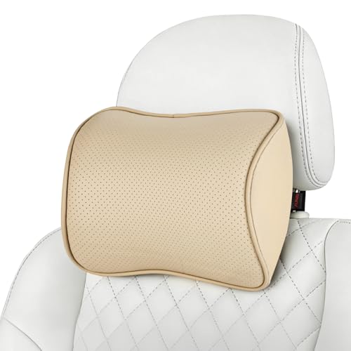 au-kee Memory Foam Car Neck Pillow Soft Leather Headrest for Driving Home Office Beige (1PC)