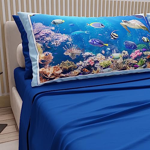 PETTI Artigiani Italiani - Cotton Sheets with Pillowcases in Digital Print, for Single Bed, Complete Top and Bottom Sheet with Corners, Electric Blue, 100% Made in Italy