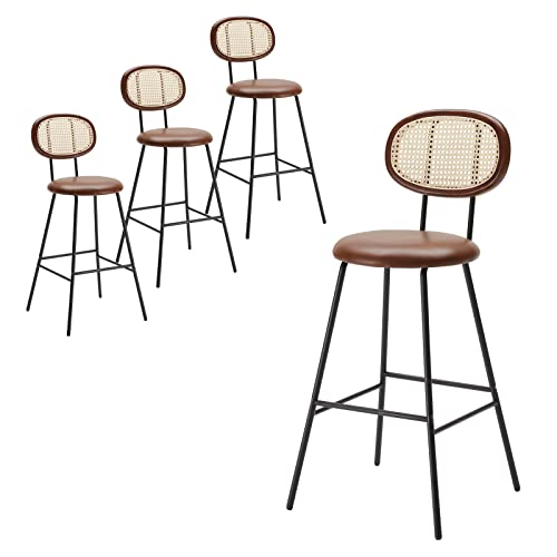 Farini Bar Stools Set of 4, Handwoven Rattan Back Industrial