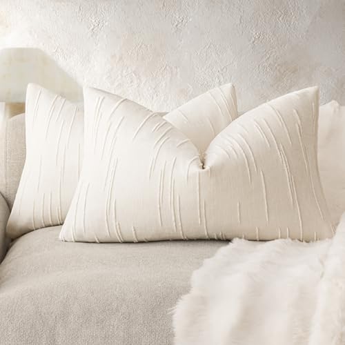 Foindtower Pack of 2 Slubby Textured Chenille Throw Decorative Pillow Covers Lumbar Accent Solid Cushion Cover Neutral Farmhouse Pillow Case for Couch Sofa Bedroom Living Room 12x20 Inch,Cream White