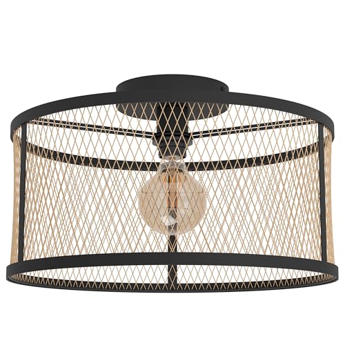 Eglo Flush Ceiling lamp Dellow, Industrial Vintage Style, Grid Light Fixture, Living Room Lighting, Black Steel, Brass, E27 Socket, Ø 45 cm
