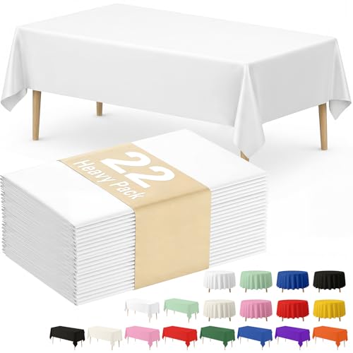 Fixwal Plastic Table Cloth Disposable 22 Pack, 54 x 108 Inch Table Cloths, Party, Picnic, Wedding, Decorative Tablecloths, Rectangle, White Plastic Cover, Leakproof & Sturdy, White